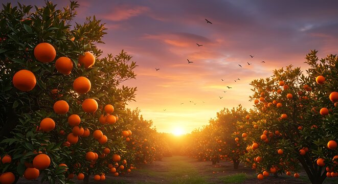 Rows of orange trees laden with fruit under a vibrant sunset with birds flying in sky - Powered by Adobe