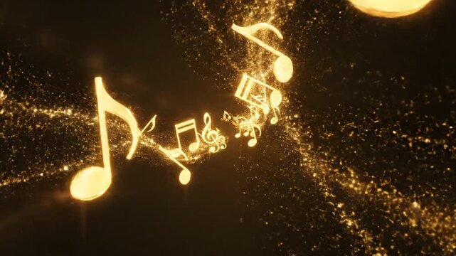Golden Music Notes Flowing Animation with Sparkling Particles on Dark Background for Concerts and Music Events 170 Characters Ideal as Celebration Backdrop