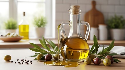 Golden olive oil spills from a classic glass cruet, surrounded by fresh olive branches, ripe olives, and black peppercorns on a bright wooden kitchen counter.