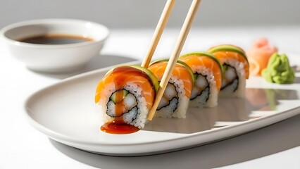 A pair of chopsticks lifts a piece of beautiful sushi roll topped with salmon and avocado, drizzled with a rich sauce, presented on a white plate with wasabi, pickled ginger, and soy sauce.
