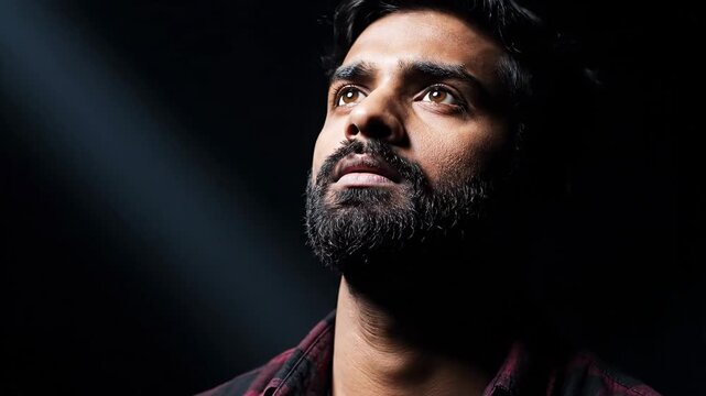Man Looks Upward with Hopeful Expression on Black Background, Focused and Thoughtful