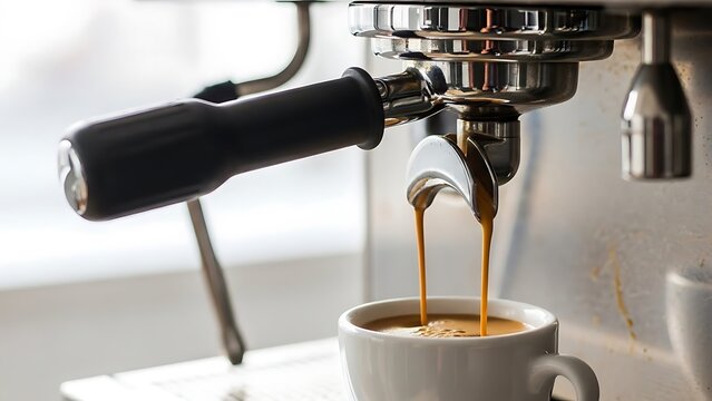 Close-up of a professional espresso machine extracting two rich, golden-brown streams of espresso into a white ceramic cup, highlighting the morning ritual.