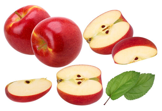 collection of fresh whole red apples, halves, and slices revealing the white flesh and core with seeds, isolated on transparent background.