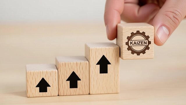 Conceptual image of the Kaizen method for business growth. A hand stacks wooden blocks with arrows, symbolizing continuous improvement and development