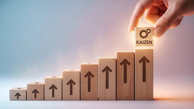 A hand completes a rising arrow chart made of wooden blocks, symbolizing the concept of continuous improvement, business strategy, and process optimization for success