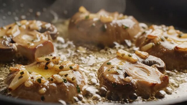 Gourmet Mushrooms Sizzling in Golden Butter Macro Shot on Dark Pan with Sizzling Bubbles and Herbs for Culinary Food Content at Eye Level Angle and Detailed