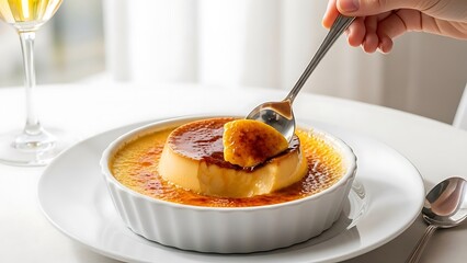 A hand gently scoops a spoonful of rich, creamy crème brûlée with a perfectly caramelized sugar top, served in a white ramekin on a bright white table next to a glass of wine.