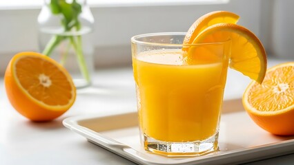 A refreshing glass of freshly squeezed orange juice, garnished with vibrant orange slices, sits on a white tray, evoking a healthy and bright start to the day.