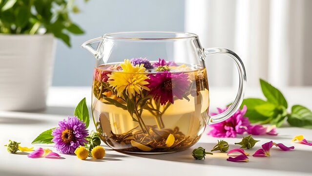 A bright, close-up shot of a clear glass teapot filled with golden herbal tea, featuring blooming yellow and purple chrysanthemum flowers floating inside, surrounded by petals on a white table.