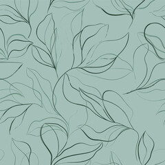 Botanical seamless pattern featuring abstract, flowing line art of large leaves and curving stems in varying shades of green on a light green background