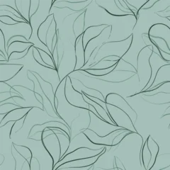 Gordijnen Bladeren Botanical seamless pattern featuring abstract, flowing line art of large leaves and curving stems in varying shades of green on a light green background  © momosama