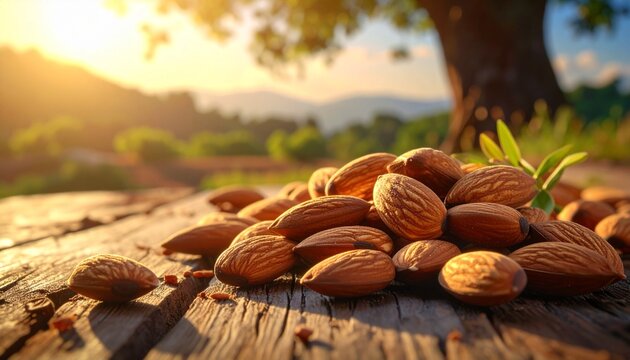 almonds on wooden background - Powered by Adobe