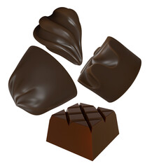 realistic 3d render of various decadent dark chocolate confectionery pieces, including pralines and truffles, isolated on black.