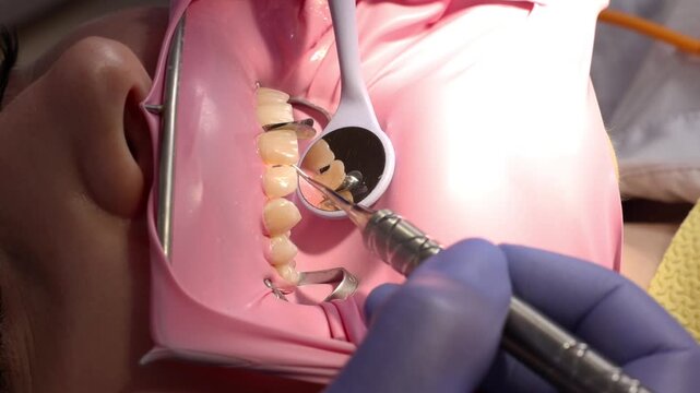 Close-up of dentist shaping composite filling and forming natural fissures on the tooth surface. Precision dental work, restoration anatomy, aesthetic dentistry, cavity treatment.