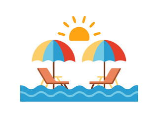 Summer, sun, waves, and cozy beach chairs under umbrella

