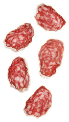 dynamic presentation of five individual, irregularly shaped slices of gourmet cured salami or saucisson sec, suspended against a deep black backdrop.