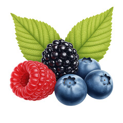 Fresh mix of berries with green leaves isolated illustration