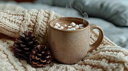 Steaming mug of hot chocolate with marshmallows and pine cones on a cozy beige knitted blanket - Powered by Adobe