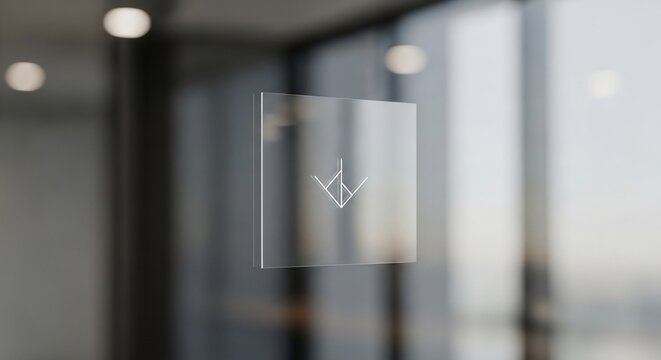 A minimalist white geometric logo displayed on a clear glass panel in a modern office setting.