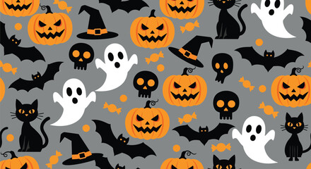 Obraz premium Seamless halloween pattern with spooky jackolanterns, friendly ghosts, flying bats, black cats, witch hats, and skulls on a dark grey background, ideal for festive design