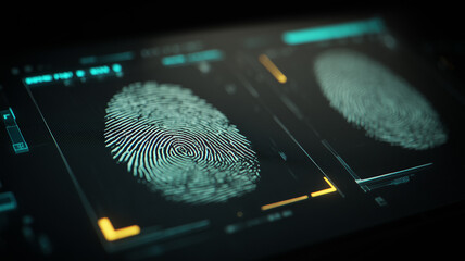 A high tech fingerprint scanning interface showing biometric identification as a secure method for authentication and digital access control systems.