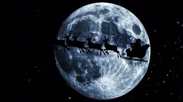 Silhouette of santa sleigh and reindeer flying across full moon at night