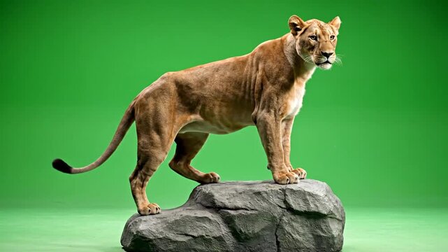 Majestic Female Lion Stands Proudly on Rocky Outcrop Against Vibrant Green Screen Background Studio Lighting