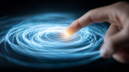 A swirling digital vortex responding to a fingertip touch, symbolizing data flow, creative energy and the transformative impact of emerging technological systems.
