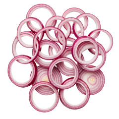 Red onion rings isolated on black background close up view