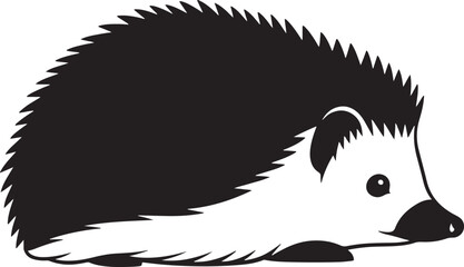 A minimalist black and white vector illustration of a small, spiky hedgehog, peacefully resting and showcasing its distinctive silhouette. perfect for an icon.