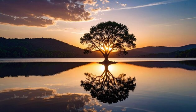 A beautiful sunset over a lake with a tree silhouette and its reflection in the water. The sky is filled with colorful clouds. - Powered by Adobe