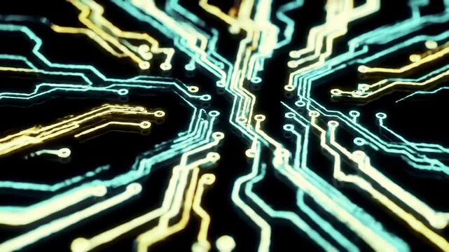 Glowing circuit board with neon blue and yellow lines. The lines are interconnected and spread across a dark background, creating a futuristic look