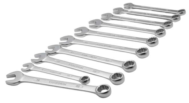 Set of standard combination wrenches isolated PNG with Transparent Background