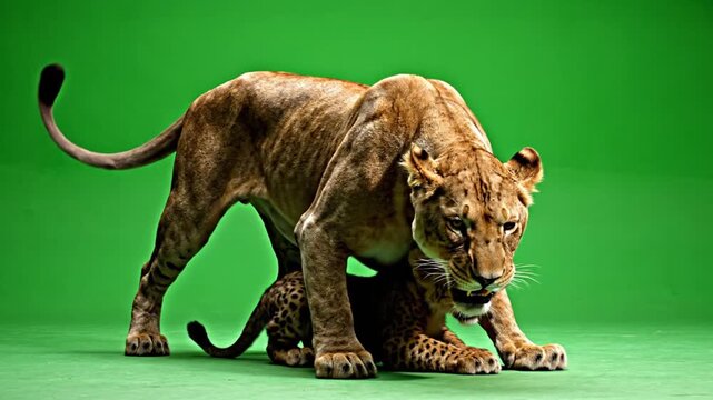Majestic Lioness Protects Cub On Green Screen Background Capturing Nature Wildlife Power Detailed Fur Texture Neutral Lighting