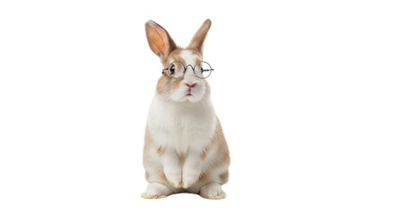 Obraz premium Adorable brown and white rabbit wearing round spectacles, looking directly at the camera with a curious and intelligent expression, perfect for educational or whimsical marketing designs.