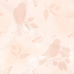 Peach Watercolor Seamless Pattern with Bird Silhouettes and Leaves