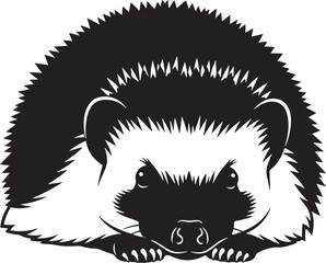 Stylized monochrome vector illustration of a cute hedgehog, with sharp quills and a gentle expression, facing forward on a clean white background.