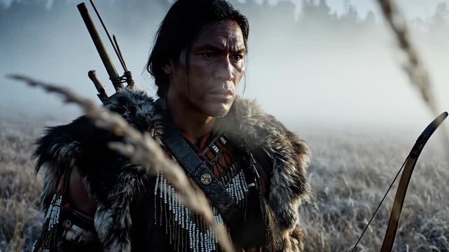 Indigenous man with bow and arrow in misty landscape