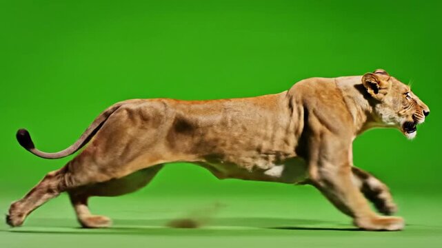 Majestic Lioness Running on Green Screen Background Studio Lighting Powerful Predator Wildlife Motion