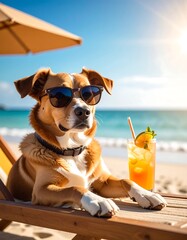 Relaxed dog wearing sunglasses, enjoying a tropical drink on a sunny beach, under an umbrella