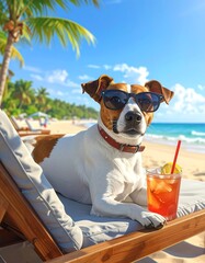 Relaxed dog on a beach, wearing sunglasses, with a cocktail next to it under sunny skies