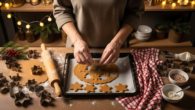 Hands preparing festive gingerbread cookies for Christmas holidays on a baking sheet with warm lights