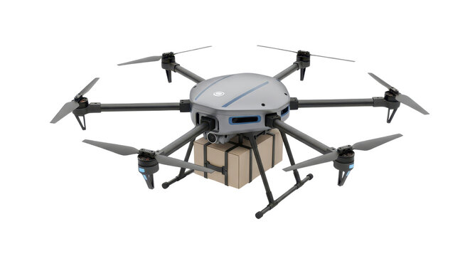 Industrial octocopter delivery drone carrying cardboard package, professional hexacopter UAV for logistics and shipping, heavy lift cargo drone isolated on white