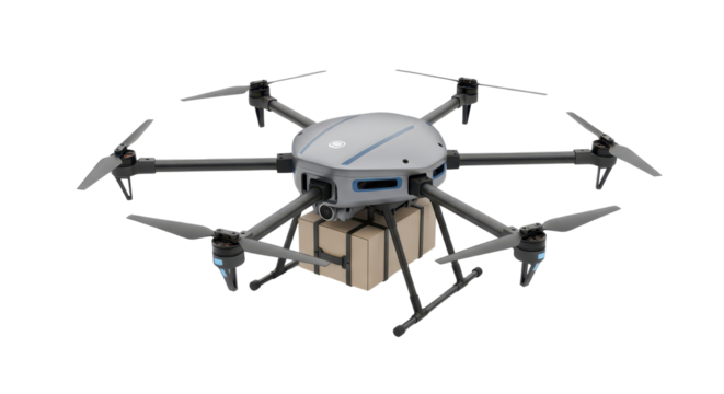 Delivery drone carrying a package isolated PNG with Transparent Background