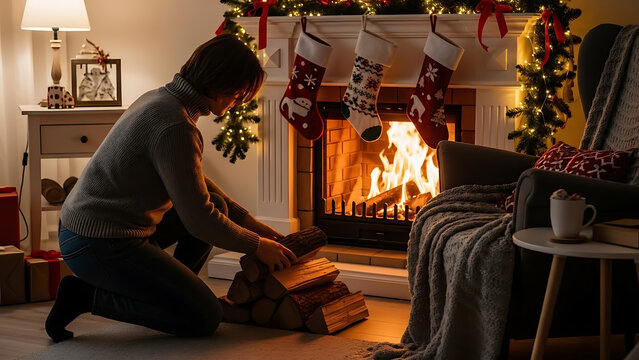 Woman stacking firewood by a cozy Christmas fireplace with festive decorations and stockings - Powered by Adobe