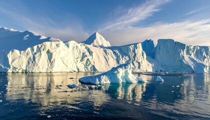 Majestic Icebergs Reflecting in Calm Arctic Waters Under a Clear Sky.