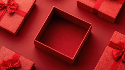 A vibrant arrangement of red gift boxes, including one open and empty, set against a matching red background, evoking a festive atmosphere.