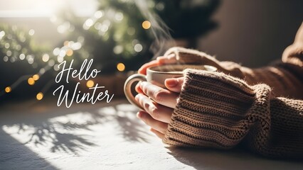 Cozy winter warmth hands embracing a steaming mug with festive lights and hello winter text overlay