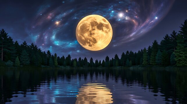 Glowing full moon over forest lake with vibrant galaxy swirling in night sky
