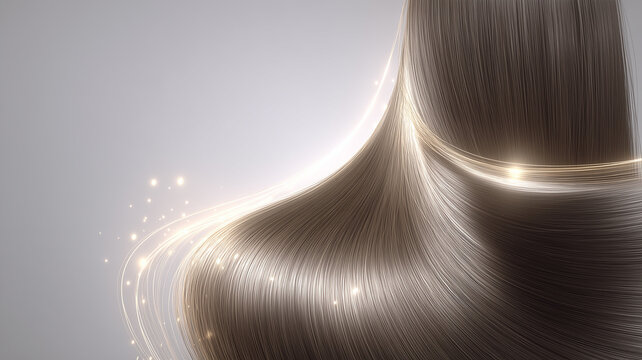 A hair care innovation concept showing flowing strands with luminous effects symbolizing softness strength nourishment and advanced cosmetic treatment performance.
